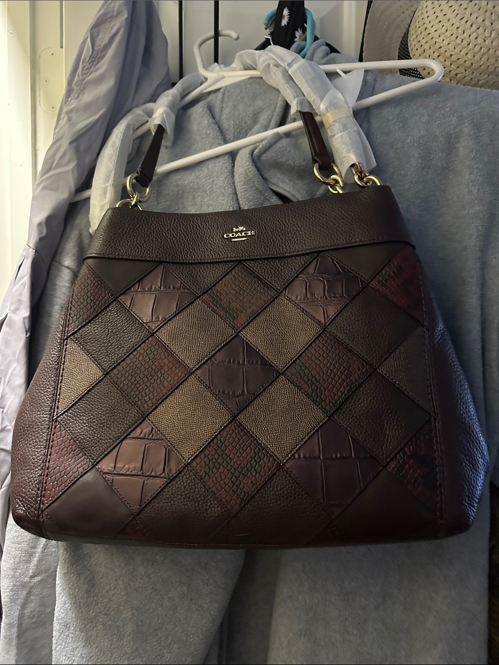 Coach Patchwork Leather Shoulder Bag in Dark Brown and Burgundy